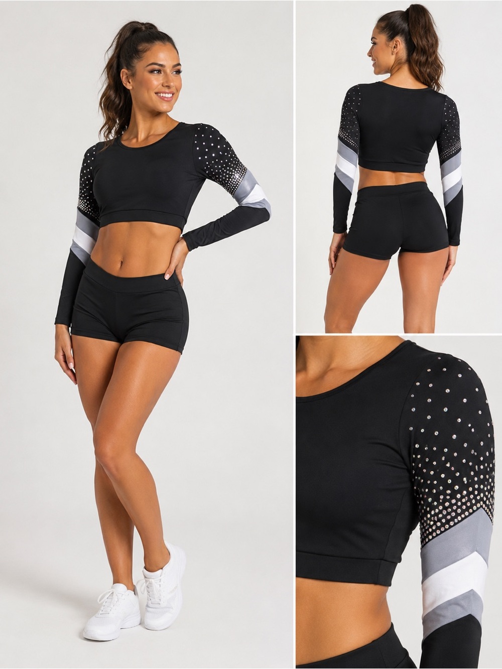 Black Rhinestone Long Sleeve Cheer Dance Crop Top Gray White SA-Small adult
